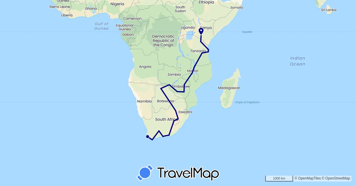 TravelMap itinerary: driving in Botswana, Kenya, Lesotho, Malawi, Mozambique, Tanzania, South Africa, Zambia, Zimbabwe (Africa)
